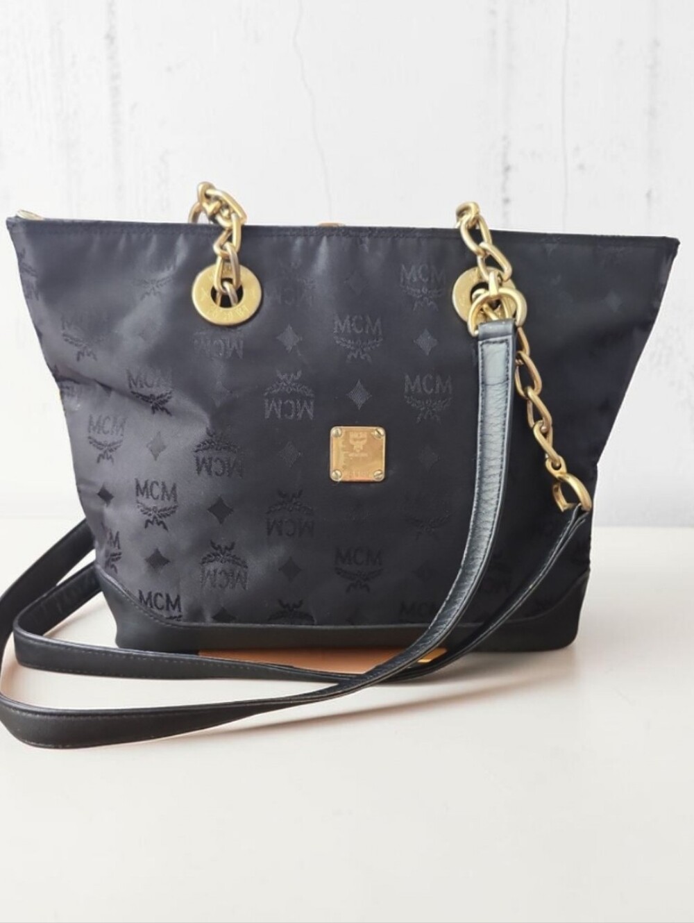 Vintage MCM Visetos Nylon Tote with Gold Chain Accents